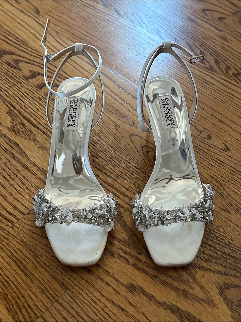 Badgley Mischka White Crystal-Embellished Ankle-Strap Sandals